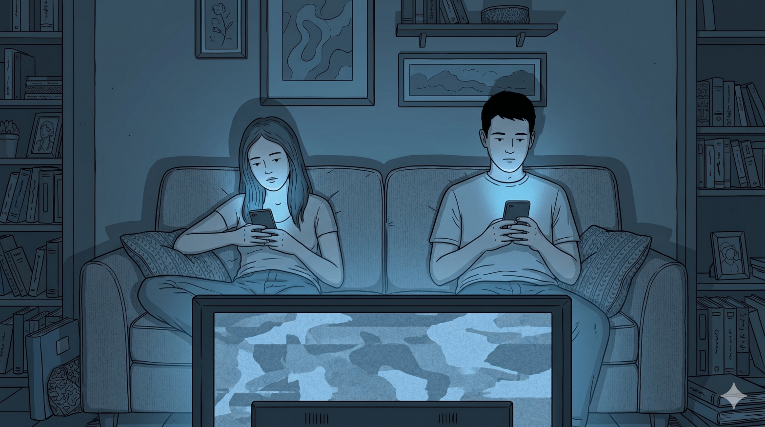 casal vendo tv juntos mas desconectados um do outro olhando para o celular.